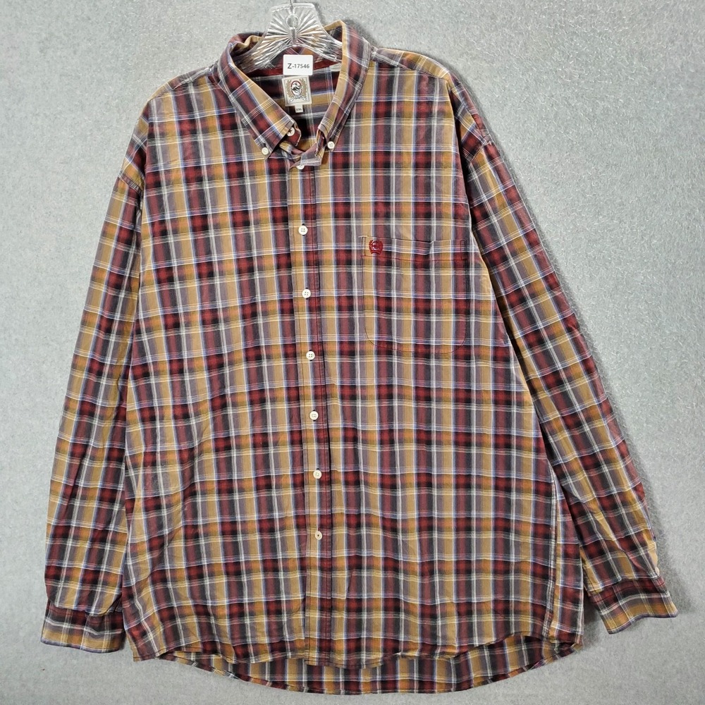 Cinch Men Button Up Shirt 2XL Red Plaid Logo Pockets Long Sleeve Collar